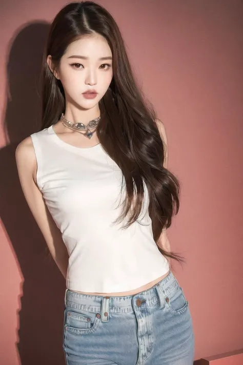 <lora:wonv1A:0.7>, Jang Wonyoung, 1girl, brown hair, brown eyes, denim, jeans, lips, long hair, looking at viewer, realistic, solo, t-shirt, ((arms behind back))