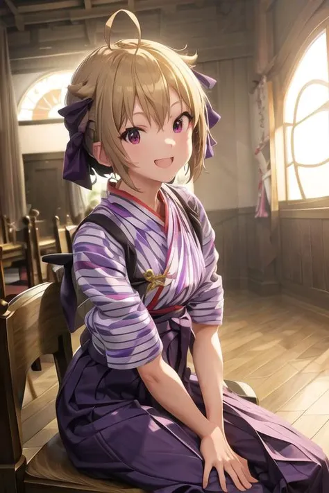 absurdres, highres, masterpiece, best quality, tsubasa ibuki (million live), blonde hair,
BMC, (yagasuri), japanese clothes, purple hakama, (hakama skirt:1.2), kimono, meiji schoolgirl uniform, tasuki, hair ribbon, 
indoors, wooden floor, sitting on chair,...