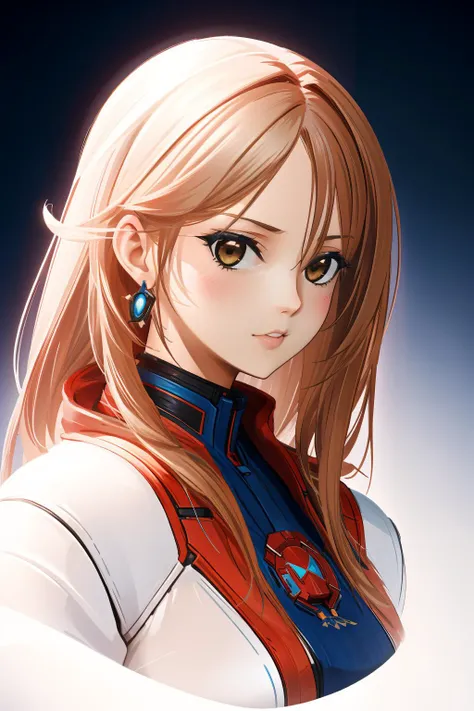 a close up of a woman with long blonde hair and a red vest