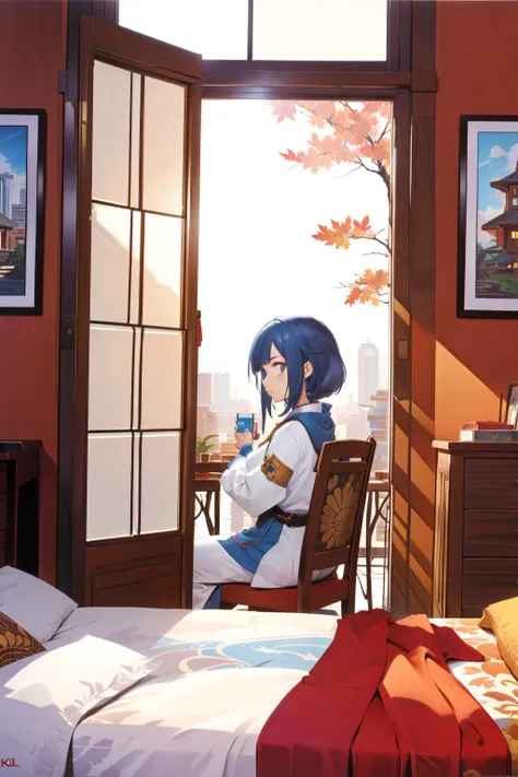 anime girl sitting in a chair in a bedroom with a window