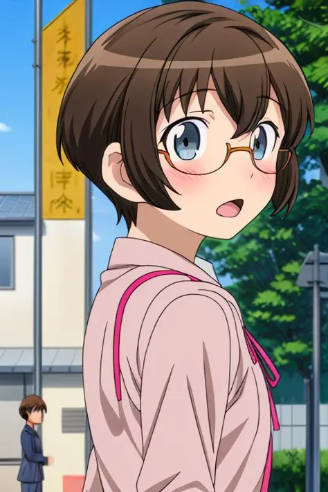 anime screencap,masterpiece,best quality,ultra detailed,1girl,tamura manami, street,from side,looking at viewer,surprised,surpri...