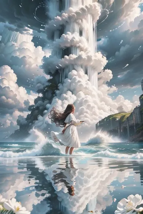 woman at the beach <lora:concept_flower-000016:0.6> tornado, dreamy backdrop, waterfall, wind, cloud, reflection, floating, white flowers,