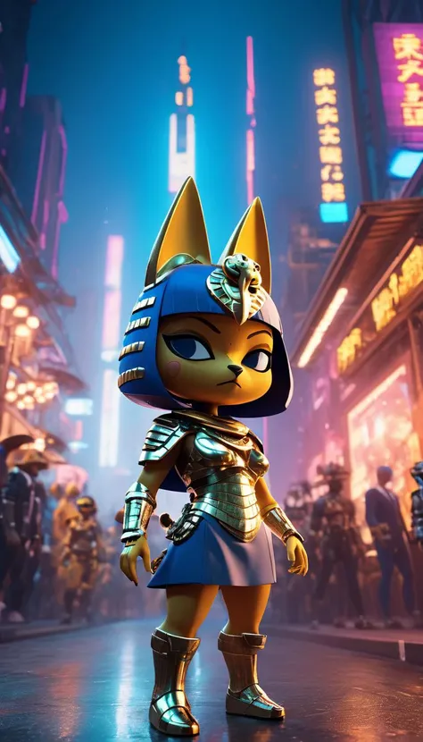 cinematic photo Ankha, Animal Crossing, reimagined in a cyberpunk universe, cyberpunk style, augmentation, cyberpunk, cybernetics, cinematic scene, hero view, action pose, beautiful 8k, detailed background, masterpiece, best quality, high quality, absurdre...