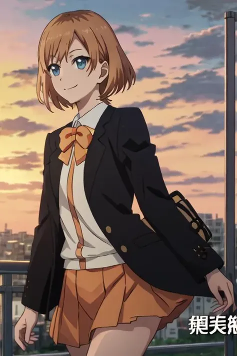 best quality, masterpiece, highres, solo, {miyamori_aoi_shirobako:1.15}, short_hair, brown_hair, blue_eyes, 1girl, school_uniform, smile, sunset, blazer, bow, jacket