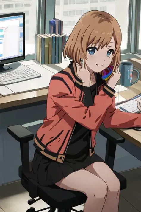 best quality, masterpiece, highres, solo, {miyamori_aoi_shirobako:1.15}, short_hair, brown_hair, blue_eyes, 1girl, cellphone, chair, cup, desk, mug, phone, computer, holding, jacket, looking_at_viewer, pen, sitting, skirt, smartphone, smile, office_chair