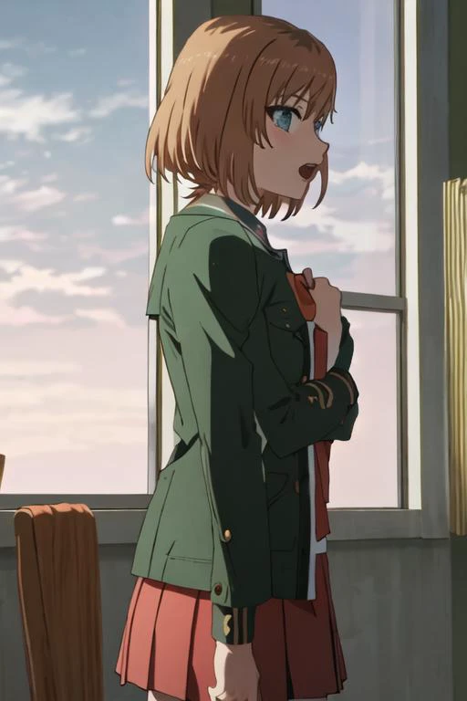 best quality, masterpiece, highres, solo, {miyamori_aoi_shirobako:1.15}, short_hair, brown_hair, blue_eyes, 1girl, bangs, green_jacket, parody, red_shirt, school_uniform, shirt, from_side, indoors, jacket, pravda_school_uniform, blonde_hair, open_mouth