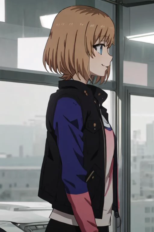 best quality, masterpiece, highres, solo, {miyamori_aoi_shirobako:1.15}, short_hair, brown_hair, blue_eyes, 1girl, jacket, profile, bangs, from_side, blue_jacket, shirt, upper_body, closed_mouth, indoors, smile