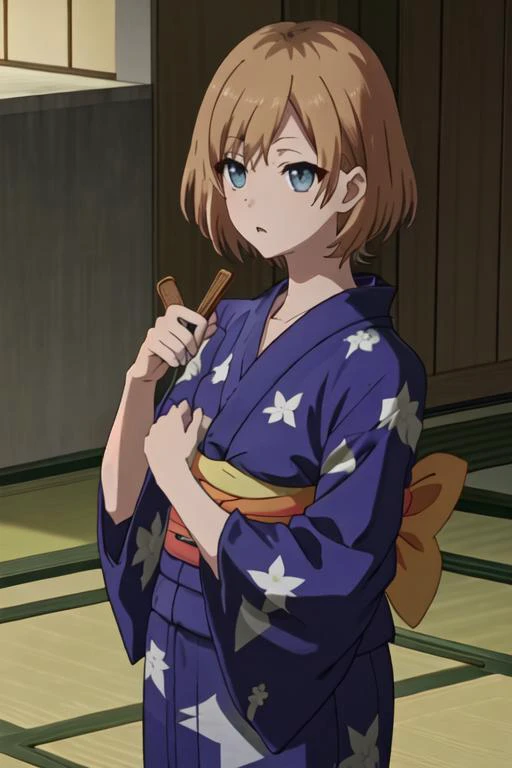 best quality, masterpiece, highres, solo, {yukata:1.40}, {kimono:1.20}, {miyamori_aoi_shirobako:1.15}, short_hair, brown_hair, blue_eyes