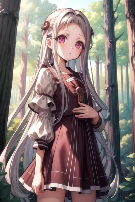 masterpiece, best quality, wallpaper, 1girl, solo, looking at viewer, , , , , <lora:nene_yashiro:0.74>, nene_yashiro, grey hair, pink eyes, , , The Forest of Mirrors: A place where reality is distorted and nothing is as it seems,