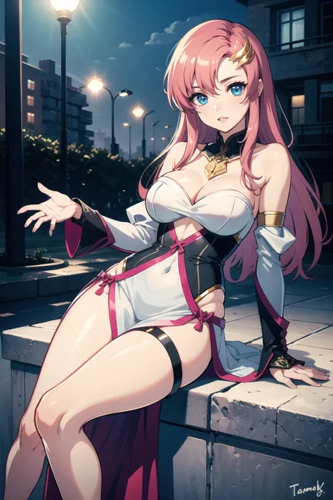 lacusclyne, <lora:lacusclyne:1>, lacus clyne, blue eyes, hair ornament, long hair, wave hair ornament, pink hair, BREAK bare shoulders, detached sleeves, dress, groin outline, high collar, pelvic curtain, pinching sleeves, tareme, thighs, wave hair ornamen...