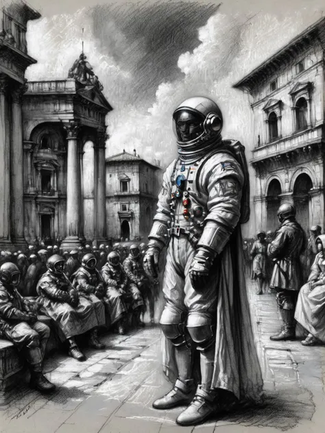 A detailed sketch of an astronaut in full gear, juxtaposed against a backdrop of a classical Italian piazza, with a crowd of period-dressed onlookers in awe <lora:Renaissance_Drawing:0.9>,<lora:EnvyBetterHiresFixXL01:0:hr=1>