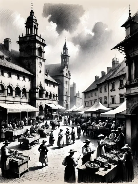 A traditional scene of a bustling market square, with vendors, musicians, and townsfolk, but with subtle hints of modern technology like smartphones and digital watches <lora:Renaissance_style:1>,<lora:EnvyBetterHiresFixXL01:0:hr=1>