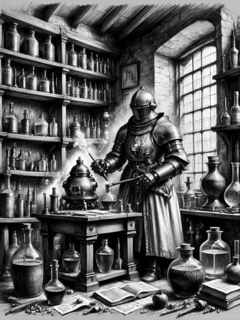 A black and white sketch of a medieval alchemists study, but the alchemist is a robot, surrounded by ancient tomes and bubbling potions <lora:Renaissance_Drawing:0.7>,<lora:EnvyBetterHiresFixXL01:0:hr=1>