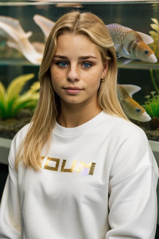 RAW, st3ff1m, (blonde:0.25), candid, stunning face, stunning eyes, upper body, cool, stunningly adorable, white sweatshirt, gold text, at the exotic iridescent aquarium, 8k uhd