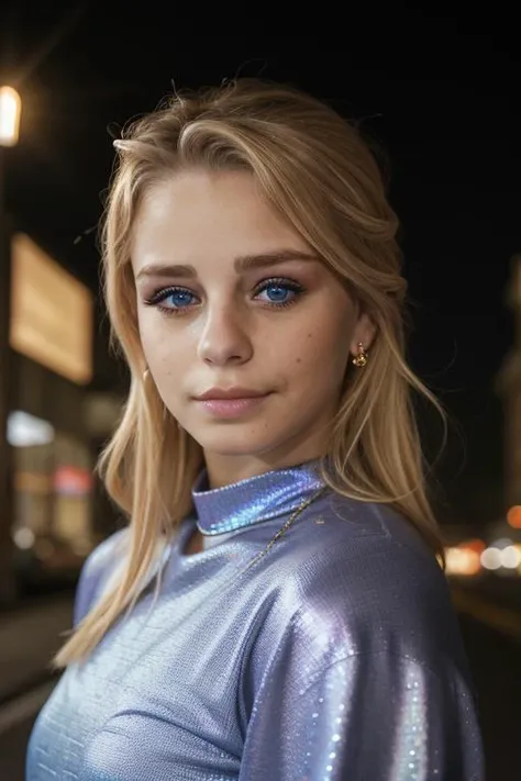 (RAW:1.2), st3ff1m, (blonde:0.25), candid, sad eyes, flush, glossy eyes, stunningly beautiful face, looking at viewer, stunning eyes, cool, upper body, night photography, downtown, stunning outfit, iridescent gold, 8k uhd