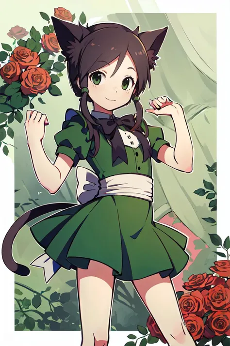 smile, <lora:RtPL-Rose:0.9> rose_(riviera), cat_ears, green_eyes, cat_tail, black_hair,  <lora:alice_in_wonderland_outfit-base-anylora-v1-1-1-000019_1_BiiIiMoOOo_WOF:1> aliceinwonderlandoutfit,, ultra detailed, masterpiece, best quality,