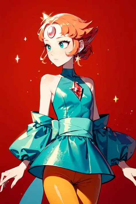 <lora:redcrystal-nvwls-v1:0.9> redcrystal, red theme, <lora:Pearl:0.75> Pearl, orange hair, forehead jewel, blue eyes, or teal eyes, small chest, pointy nose, pointy hair, Blue dress with tiny gold star on front,blue sash,bare shoulders,small skirt, leggin...