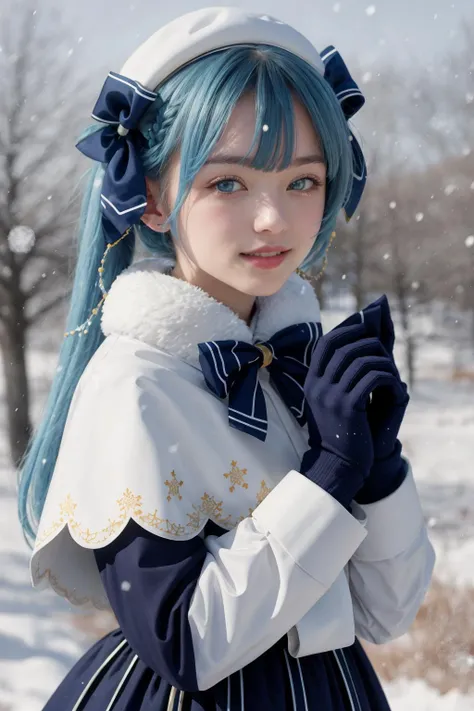 mksks style, masterpiece, best quality, sidelighting, highres,snowy field, snow,
yuki miku (2021), 1girl, blue gloves, book, white headwear, blue hair, twintails, musical note hair ornament, gloves, beret, hat, bow, solo, blue eyes, long hair, musical note...