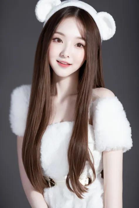 masterpiece, best quality,closed mouth, looking at viewer,  alluring, clean, beautiful face, pure face, pale skin, little smile, a woman wearing a white bear costume with long hair and a smile on her face, posing for a picture with a white background and g...