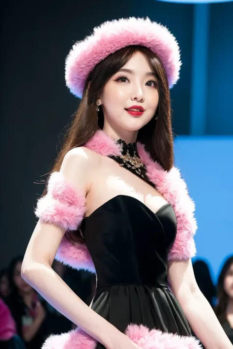 masterpiece, best quality,closed mouth, looking at viewer,  alluring, clean, beautiful face, pure face, pale skin, lia woman in a black dress and pink fur stoler on a runway with a smile on her face and a pink and black dress with a black feathered boler, ...