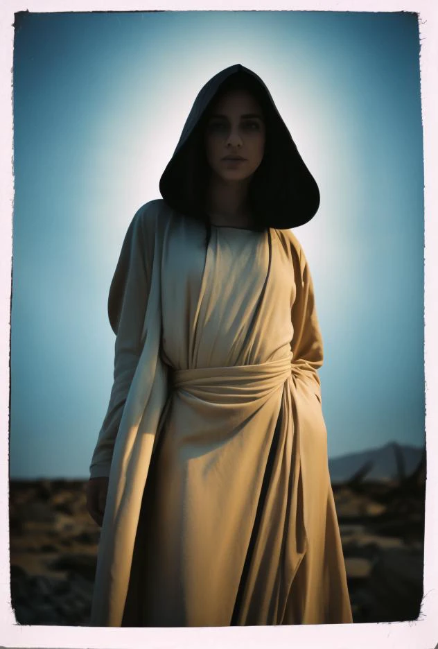 a woman in a long robe and a hood on a desert