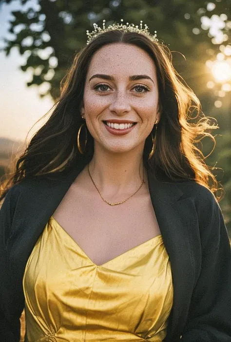 a close up of a woman wearing a crown and a yellow dress