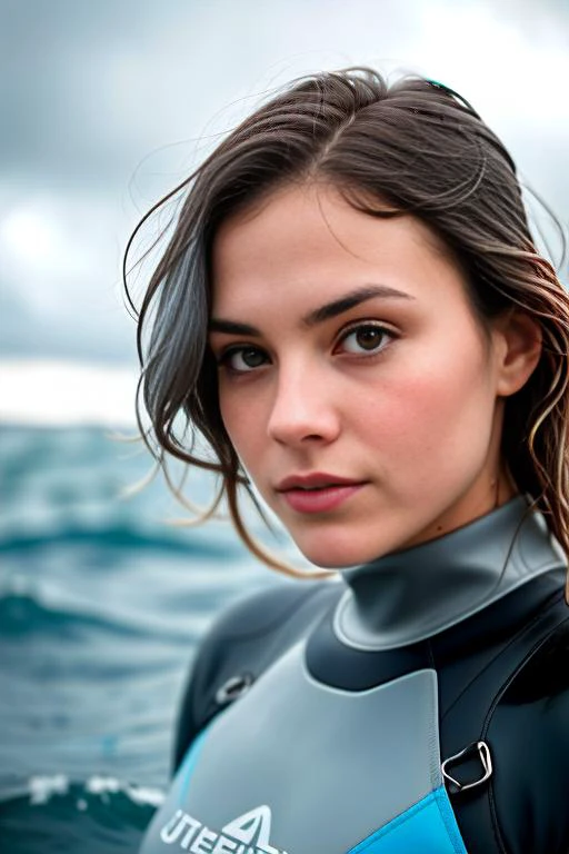 intricate detail and quality RAW analog style photograph of a female in the middle of the sea,
wearing a blue and gray wetsuit,
ultra sharp focus on female,
underwater pov,
award winning portrait photography,
sharp focus on (wet hair),
overcast sky,
lightn...