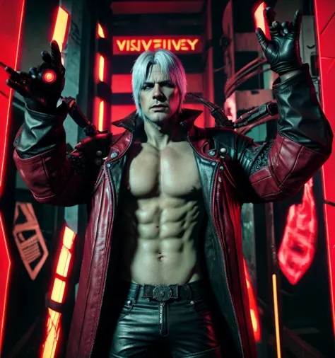 dante from devil may cry universe, (reimagined in a cyberpunk universe), (cyberpunk style), (cyberpunk), (cyberpunk style thanos armour), bald, (augmentation), (cybernetics), glowing neon red lights, cinematic scene, hero view, action pose, beautiful 8k, d...