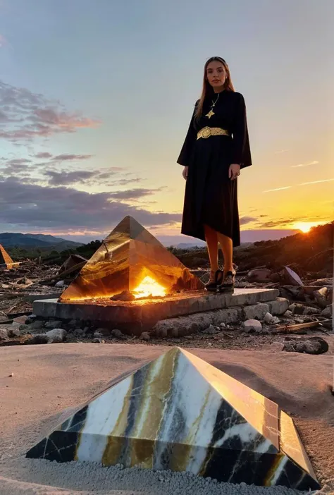 ((Close up [Slovak | Brazilian | Estonian] 33 yo priestess woman in spiritually significant ceremonial sacrifice dress))((standing atop  mystical diamond and gold embedded marble pyramid apex pyramidian)) located within [the Amazon | Rocky Mountains | Berm...