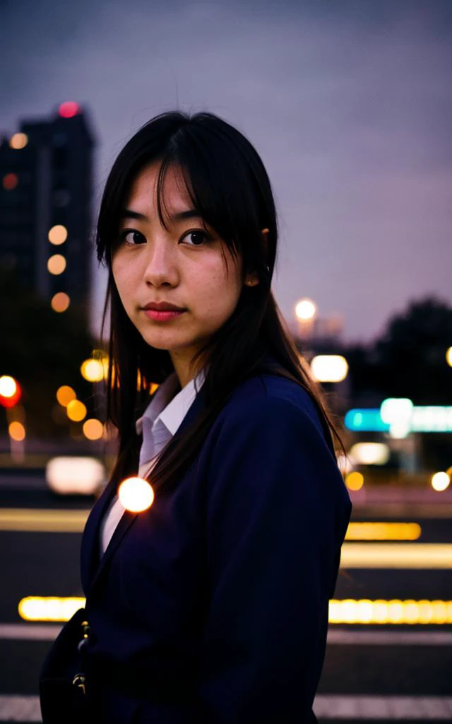 lomo photo, photograph of 26 y.o japanese girl, school uniform, night, city, bokeh, motion blur, lens flare, soft focus