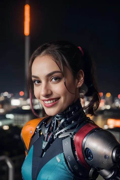 a portrait photography of (harley quinn:1.1) with ((blue and maroon dyed unkempt and messy hair and (two top ponytails on both sides of the head:1.1)), (having bionic arms:1.5) from cyberpunk 2077 game, face tattos, (maniacal grin showing teeth:1.1), holdi...