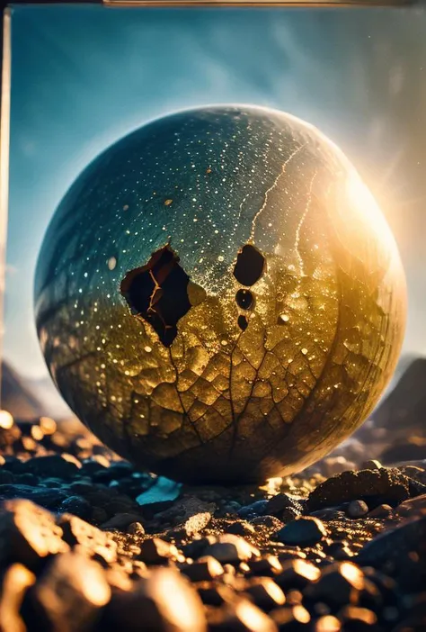 a close up of a shiny ball on a rocky surface