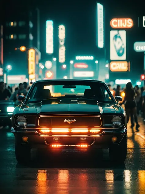 analog style, american muscle car with very bright driving lights, classic, chrome, bright colors, crowd of people, shot on Fujifilm Superia 400, Short Light, (Blade Runner style city), (very sunny), 32k, cinematic composition, professional color grading, ...