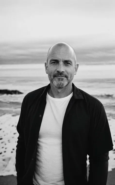 b&w photo of 42y old man in black clothes, bald, face, half body, body, high detailed skin, skin pores, coastline, overcast weather, wind, waves, 8k uhd, dslr, soft lighting, high quality, film grain, Fujifilm XT3