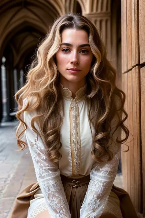 highly detailed RAW Instagram (elegant sitting full body pose:1.4) photo of beautiful mature 26 years old (French medieval period nobility:1.4) woman, (highly detailed very long beautiful wavy hair:1.3), inside monastery's corridor background, (look at viewer:1.4), (skin pores, skin imperfections:1.2), (beautiful moles, freckles:0.8), highly detailed body, highly detailed face, (realistic sun lighting:0.4), shadows, 8k high definition, insanely detailed, intricate, masterpiece, highest quality, (angular face, slightly masculine feature face:1.2)