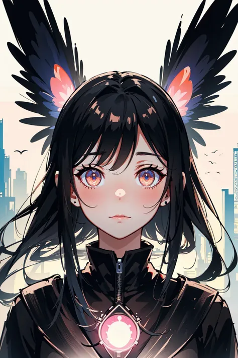 a girl with black hair and a black outfit with wings on her head