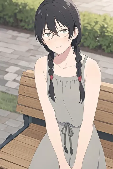 masterpiece, best quality, black hair, 1girl, twin braids, (grey eyes), glasses, smile, blushing, (yellow sundress), sitting on a bench
<lora:makoto_kurume:0.6>