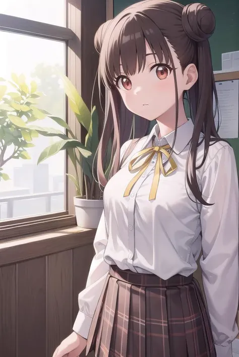 chiyokosonoda, <lyco:chiyokosonoda-lyco-nochekaiser:1>,
chiyoko sonoda, brown hair, (red eyes:1.5), hair bun, long hair, double bun, sidelocks,
BREAK brown skirt, buttons, collared shirt, dress shirt, miniskirt, neck ribbon, plaid, plaid skirt, pleated ski...