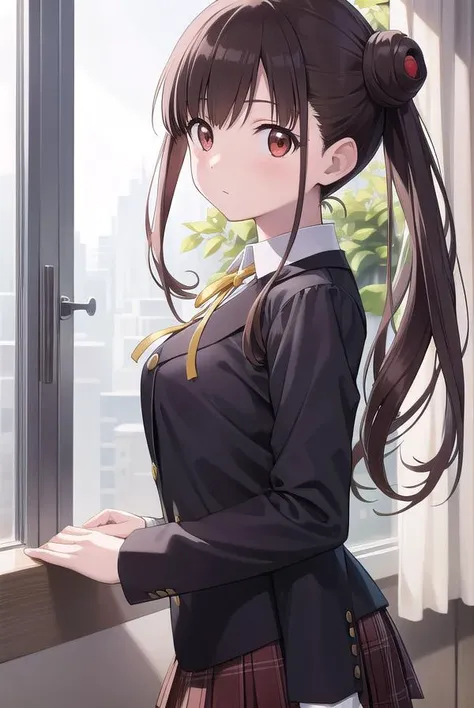 chiyokosonoda, <lyco:chiyokosonoda-lyco-nochekaiser:1>,
chiyoko sonoda, brown hair, (red eyes:1.5), hair bun, long hair, double bun, sidelocks,
BREAK brown skirt, buttons, collared shirt, dress shirt, miniskirt, neck ribbon, plaid, plaid skirt, pleated ski...