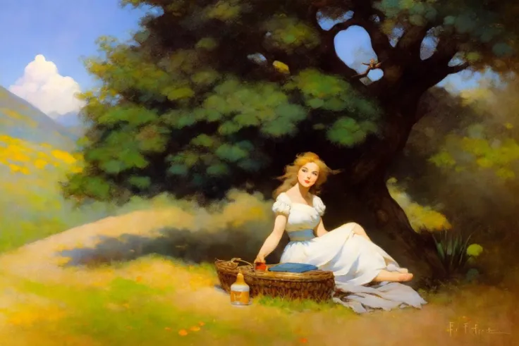 painting of a woman sitting under a tree with a basket of apples