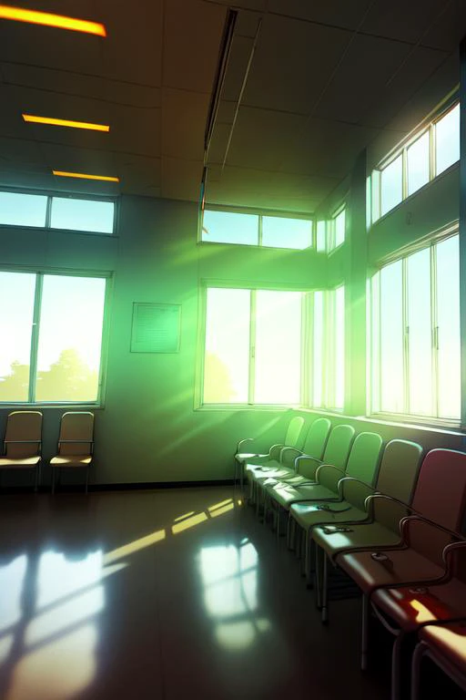 hospital waiting room, interior, hdr, chromatic aberration, sunshafts, window