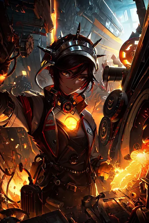 a woman in armor holding a glowing torch in a city