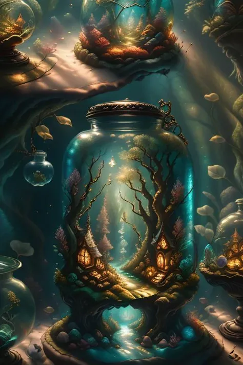 woman in a mythical forest, perfect face,  masterpiece, intricate details, raw photo, photo unp <lora:diorama:1> scenery, no humans, glass jar with a lanscape inside of it, beautiful render of fairytale, fantasy cityscape, golden miniature, enchanted dream...