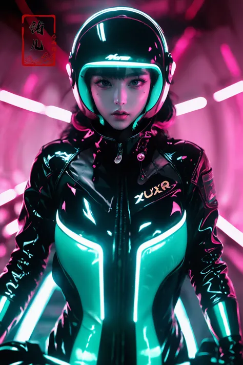 xuer future motorcycle,
dark turquoise and light gold,
glowing, neon lights, (latex bodysuit:1.5),
 <lora:~Q?-dibXf xuer future motorcycle:0.8>