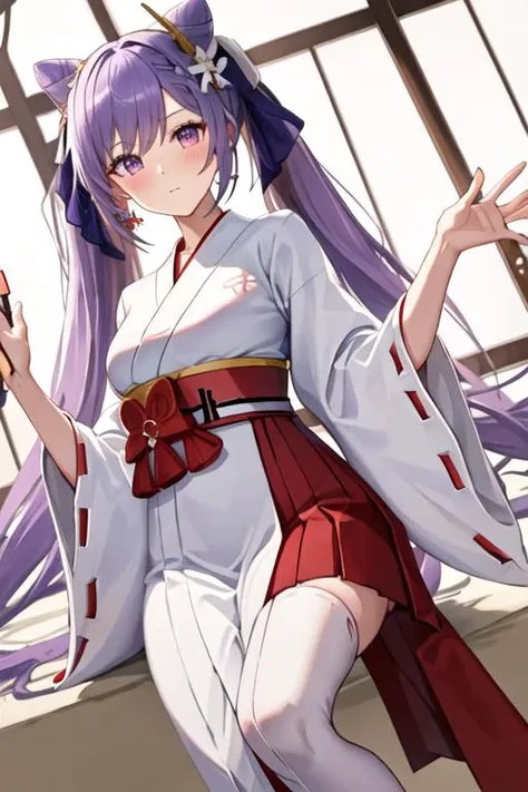 best quality, masterpiece, highres, solo, {white kimono:1.35}, {red hakama:1.35}, {wide sleeves:1.20}, {keqing_genshin:1.15}, long_hair, purple_hair, purple_eyes, hair_bun, cone_hair_bun, twintails, bangs, double_bun, breasts, hair_ornament, blush, braid, ...