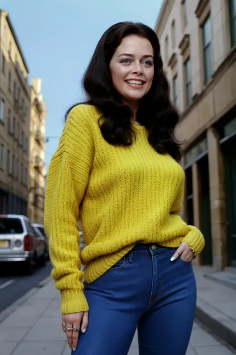 a woman in a yellow sweater and blue jeans standing on a sidewalk