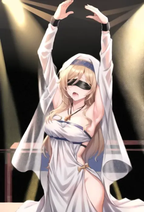 girl bondage on stage, 1girl, tied hands, hands up, bare breast, drool, saliva, dynamic perspective,
blonde, black_blindfold, whitedress, necklace, blindfolded,
people watching, on stage, public execution, (crowd as background), medieval,
(masterpiece:1.2...