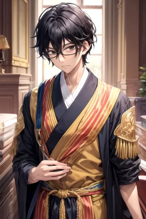 masterpiece, best quality, wallpaper, 1boy, solo, male focus, looking at viewer, , , <lora:momo_sakaki:0.72>, momo_sakaki, black hair, brown eyes, hair between eyes, glasses, king costume, , HD-DVD