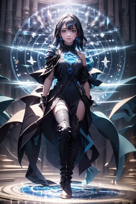 masterpiece, best quality, best quality, (1girl:1.2), solo, full body, ((Shoulder armor suit)), (long black dress:1.1), Broken stone floor, magic circle, beautifully detailed glow, detailed blue flames, beautifully detailed blue fire, <lora:magic circle:1>...