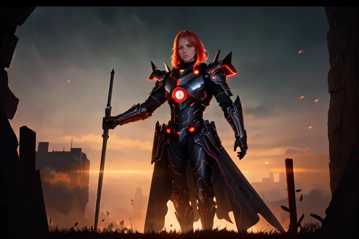 a woman in armor standing in front of a sunset